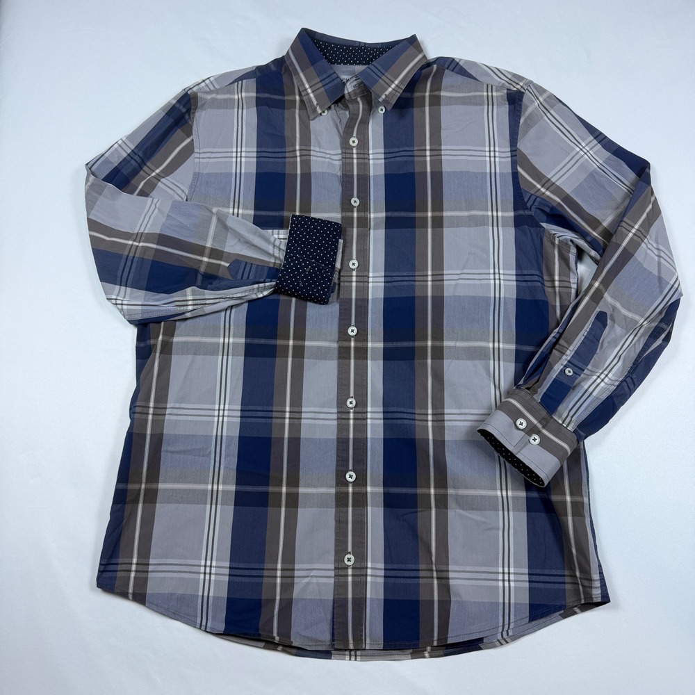 Nick Graham Plaid Shirt Mens Large Blue Grey Stretch Modern Fit Contrast Cuffs